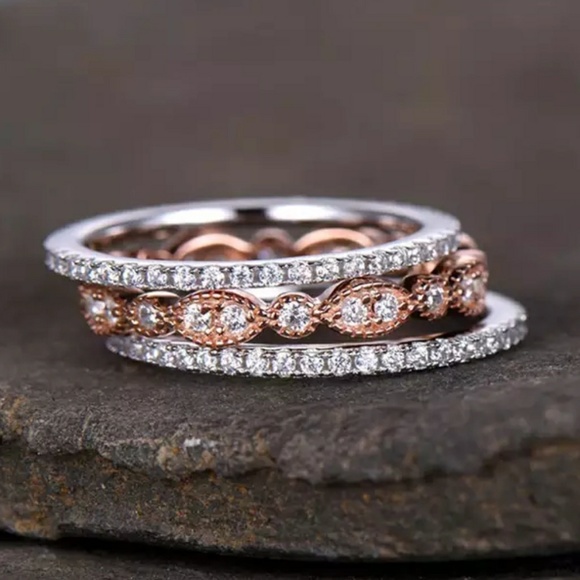 Rose Gold Silver 3 Ring Eternity wedding Bands - Picture 2 of 5